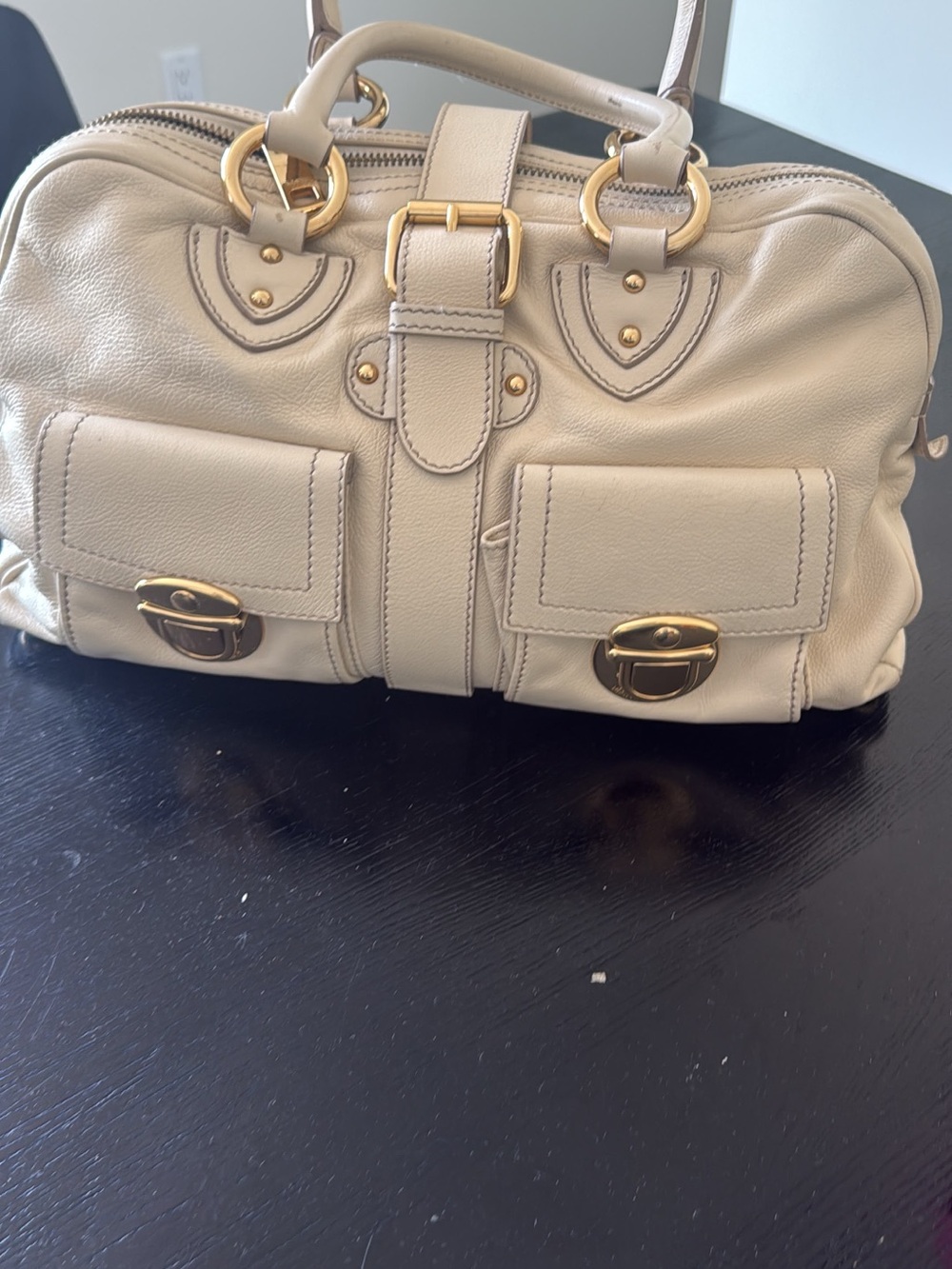Marc Jacobs Cream Leather Double Pocket Satchel with Gold Hardware